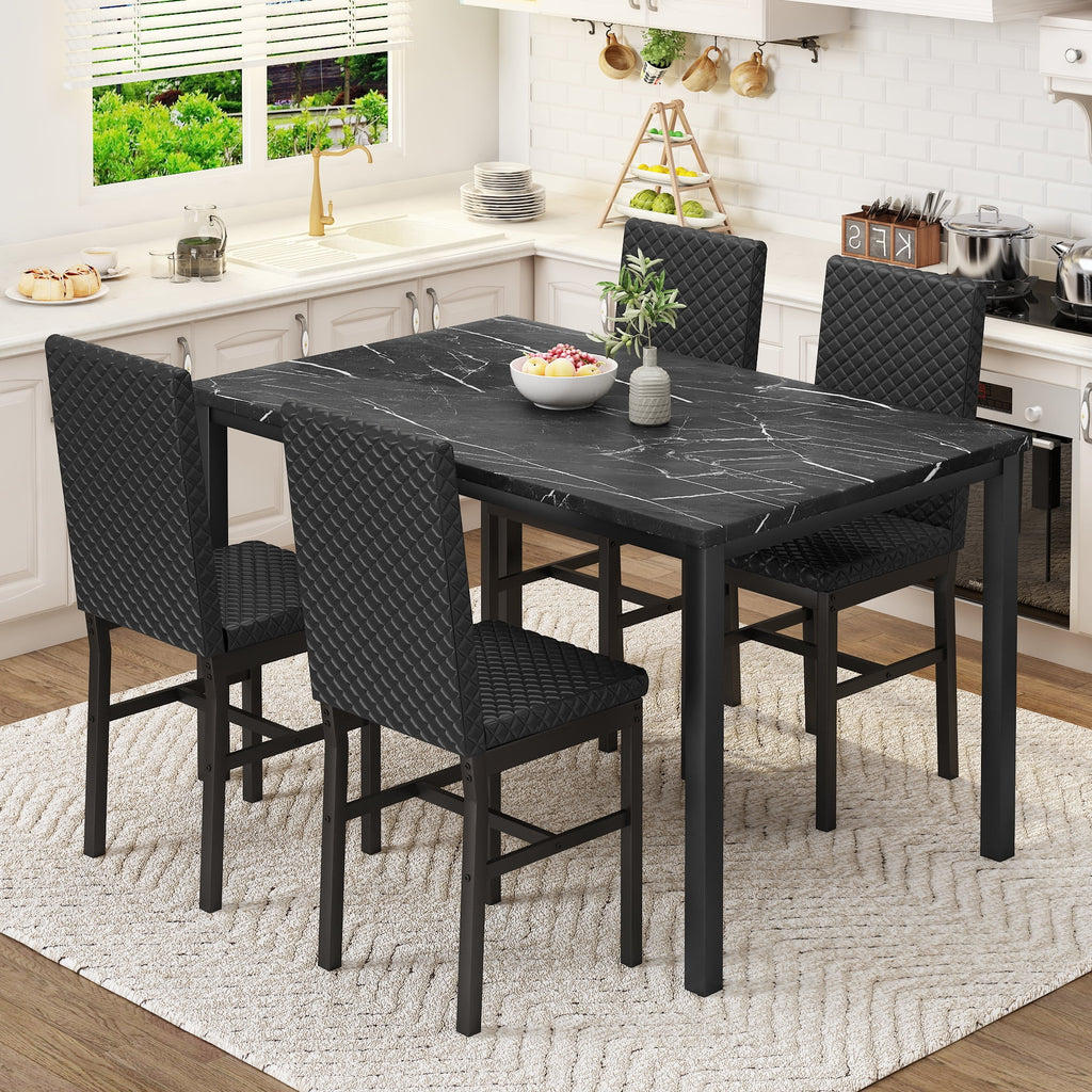 Cvortll 5 Piece Dining Table Set, Kitchen Table and Chairs Set for 4 with Faux Marble and 4 Velvet Upholstered Dining Chairs for Home, Restaurant, Black & Black