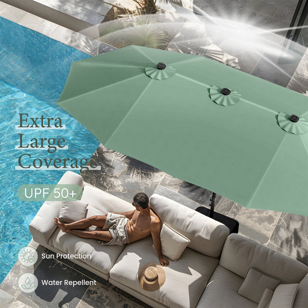 SUMMIT LIVING 15ft Double-Sided Solar Patio Umbrella with Base (Included) Large Outdoor Umbrella with Solar Lights - Beige
