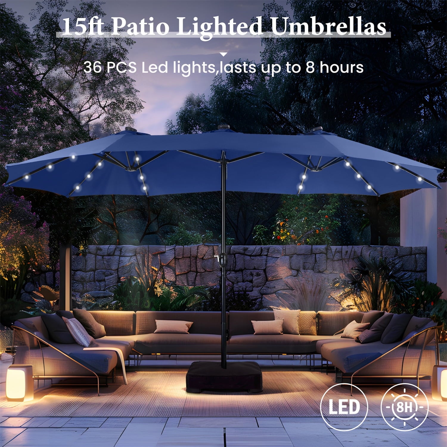 SUMMIT LIVING 15ft Double-Sided Solar Patio Umbrella with Base (Included) Large Outdoor Umbrella with Solar Lights - Beige