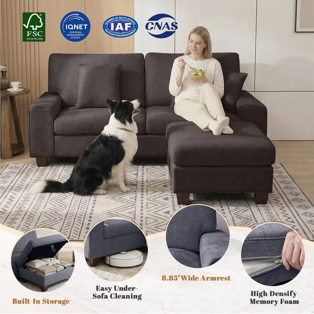 Poshby 88.58''W 3 Seater Sofa Couch with Chenille, Modern Square Arm for Living Room, Light Gray