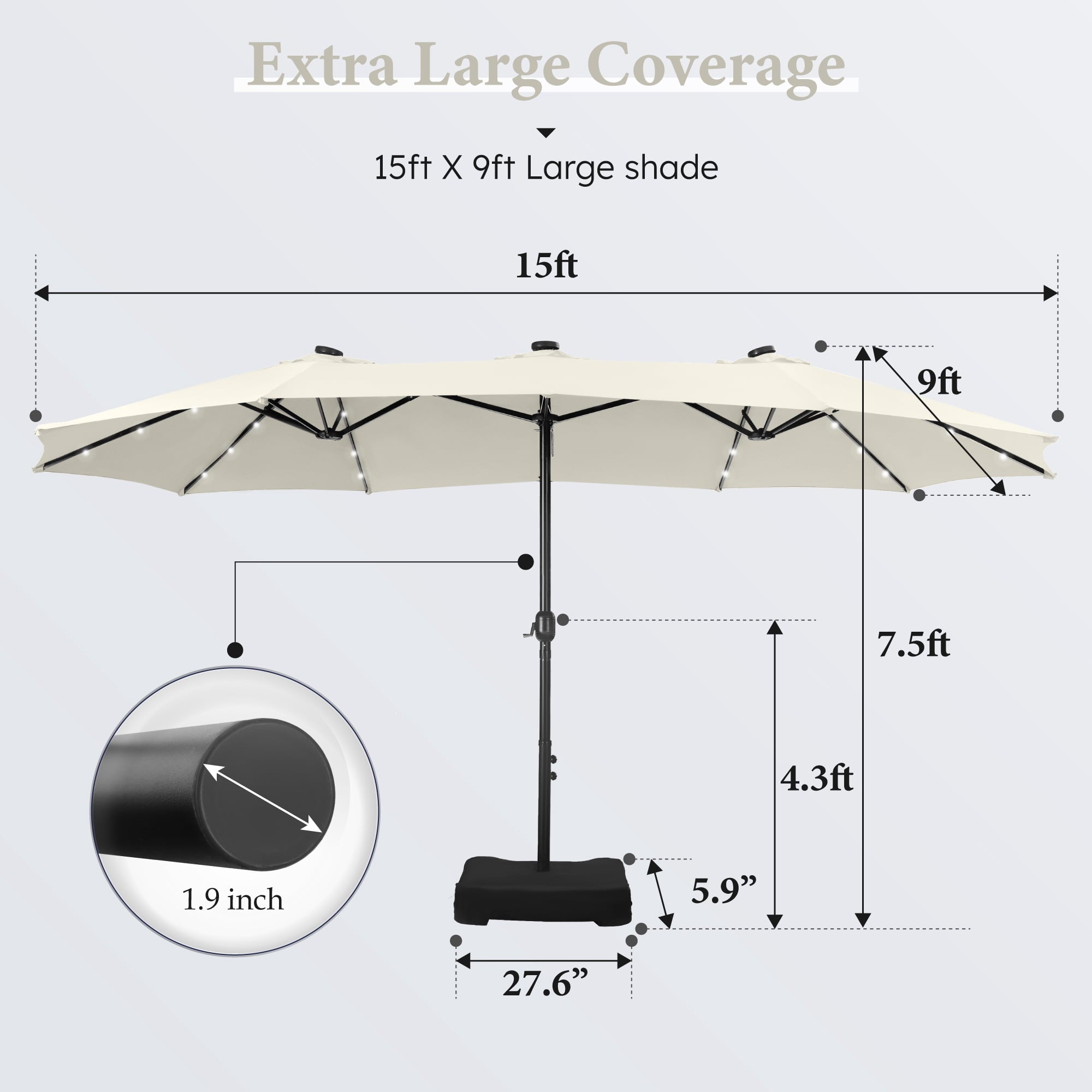 SUMMIT LIVING 15ft Double-Sided Solar Patio Umbrella with Base (Included) Large Outdoor Umbrella with Solar Lights - Beige