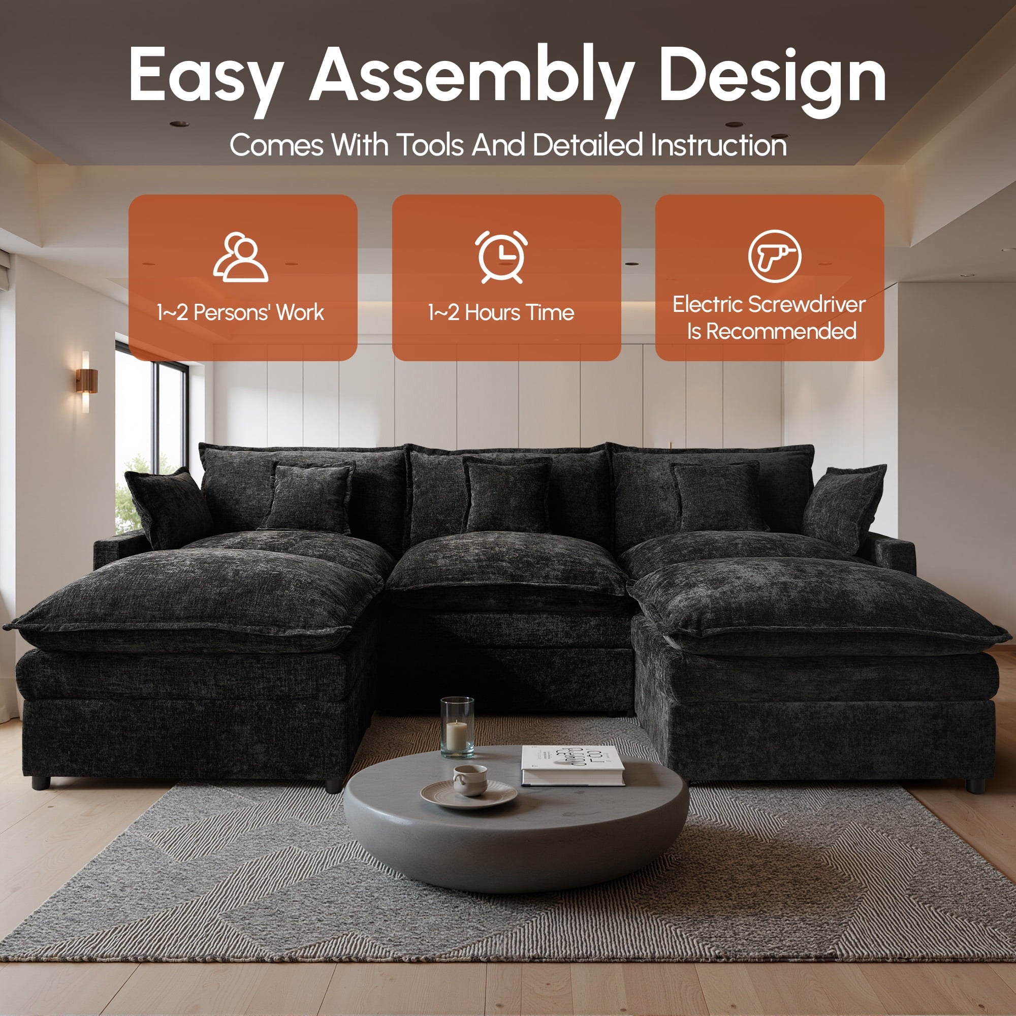 Ovios 108 Modular Sectional Sofa U-Shaped Cloud Couch with 2 Ottomans, Comfy Living Room Furniture, Chenille, Dark Blue