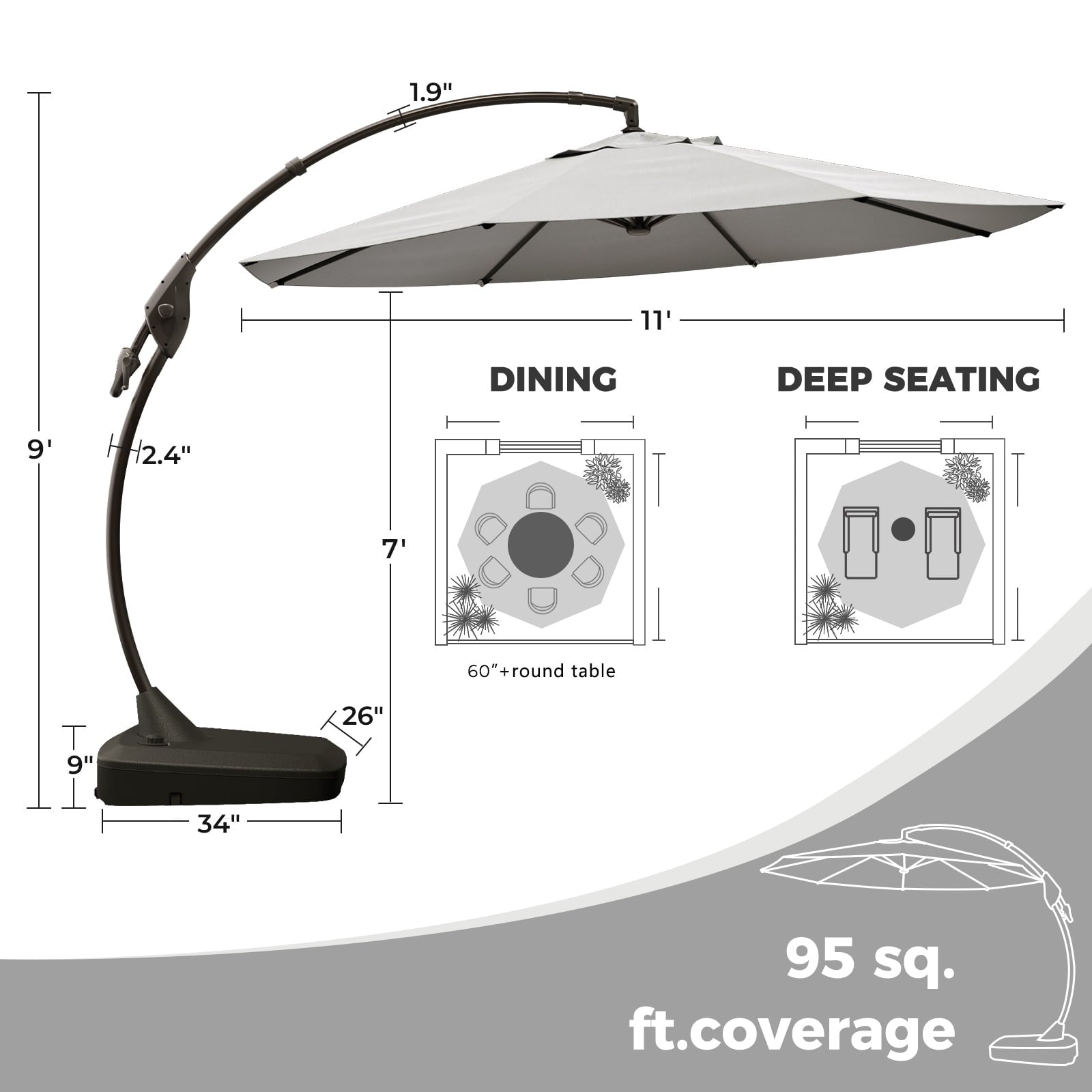 GRANDPATIO 12 Ft Outdoor Umbrella with Base, Large Aluminum Cantilever Offset Umbrella for Patio Pool, Black & White