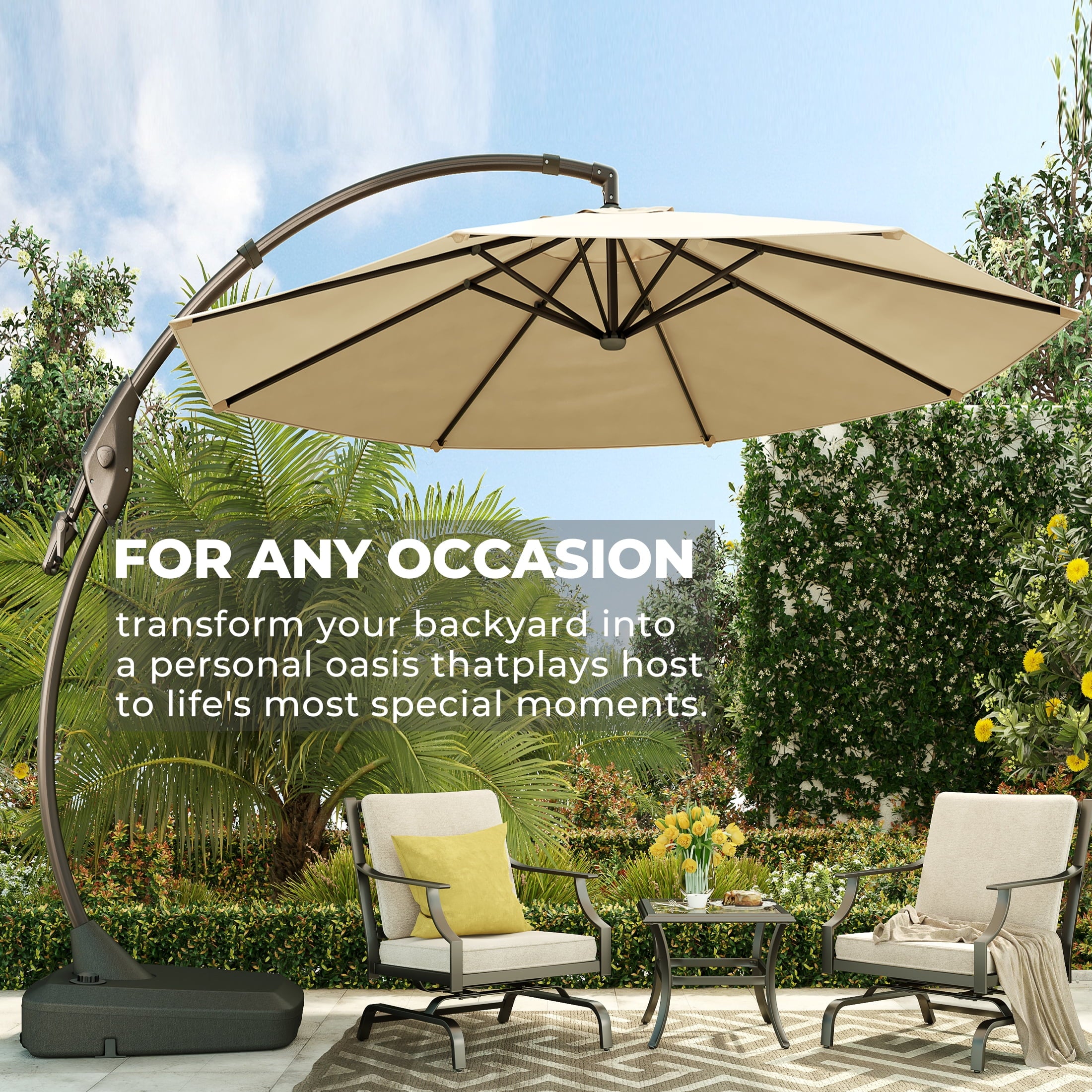 GRANDPATIO 12 Ft Outdoor Umbrella with Base, Large Aluminum Cantilever Offset Umbrella for Patio Pool, Black & White