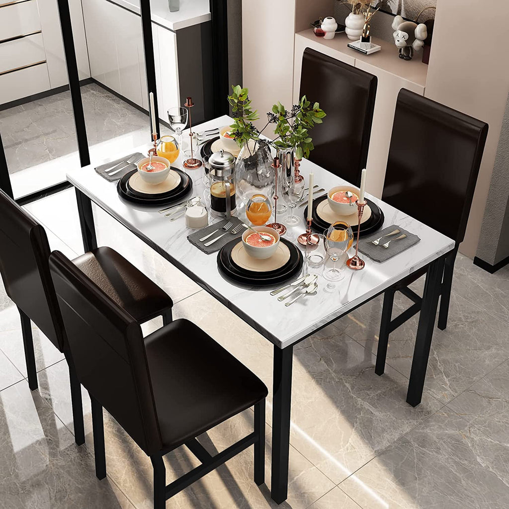 MIERES 5 Piece Dinning Table Sets for 4, Marble Kitchen Table and Chairs for 4,Dining Room Table Set with PU Leather Chairs,Faux Marble Dining Set for Small Spaces,Living Room,White+Brown