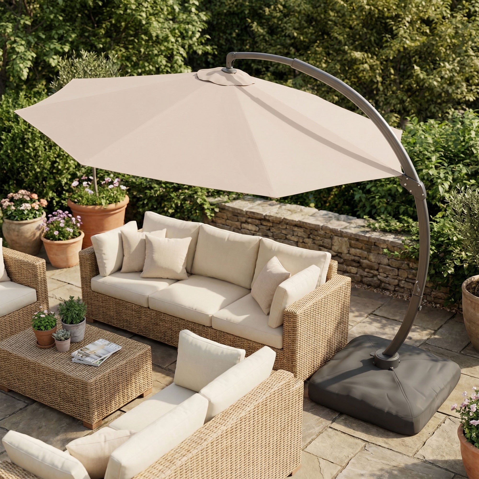 LAZZO 11ft Outdoor Patio Umbrella with Base, Aluminum Offset Cantilever Umbrella for Pool Deck, Champagne