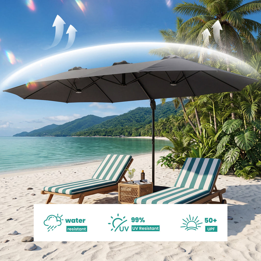 FOROUTIA 15ft Double-Sided Patio Umbrella, Large Rectangular Outdoor Market Umbrella with Crank, UV50+ Waterproof Twin Umbrella for Backyard, Poolside, Deck,Off-White