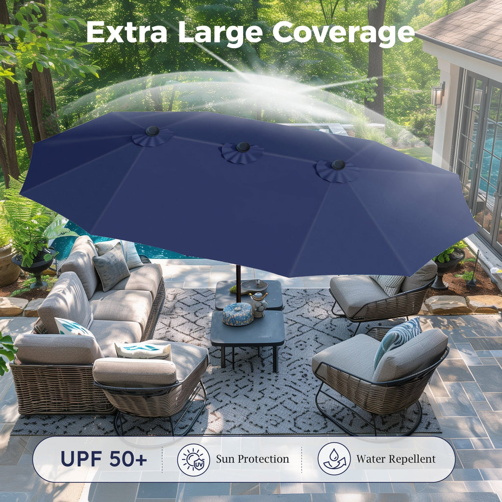Alpha Joy 15ft Outdoor Patio Umbrella Extra-Large Double-Sided Garden Umbrella with Crank Handle and Base - Smoky Gray