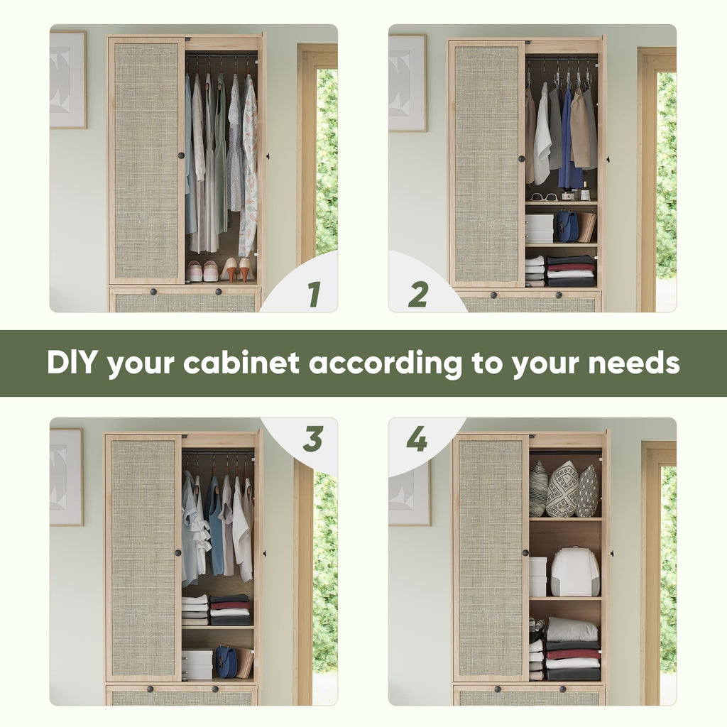Brafabhome 67H Fluted Armoire Wardrobe Closet with Drawer, Wooden 2 Doors Wardrobe Cabinet with Hanging Rod & Adjustable Shelf for Bedroom | Whitewash