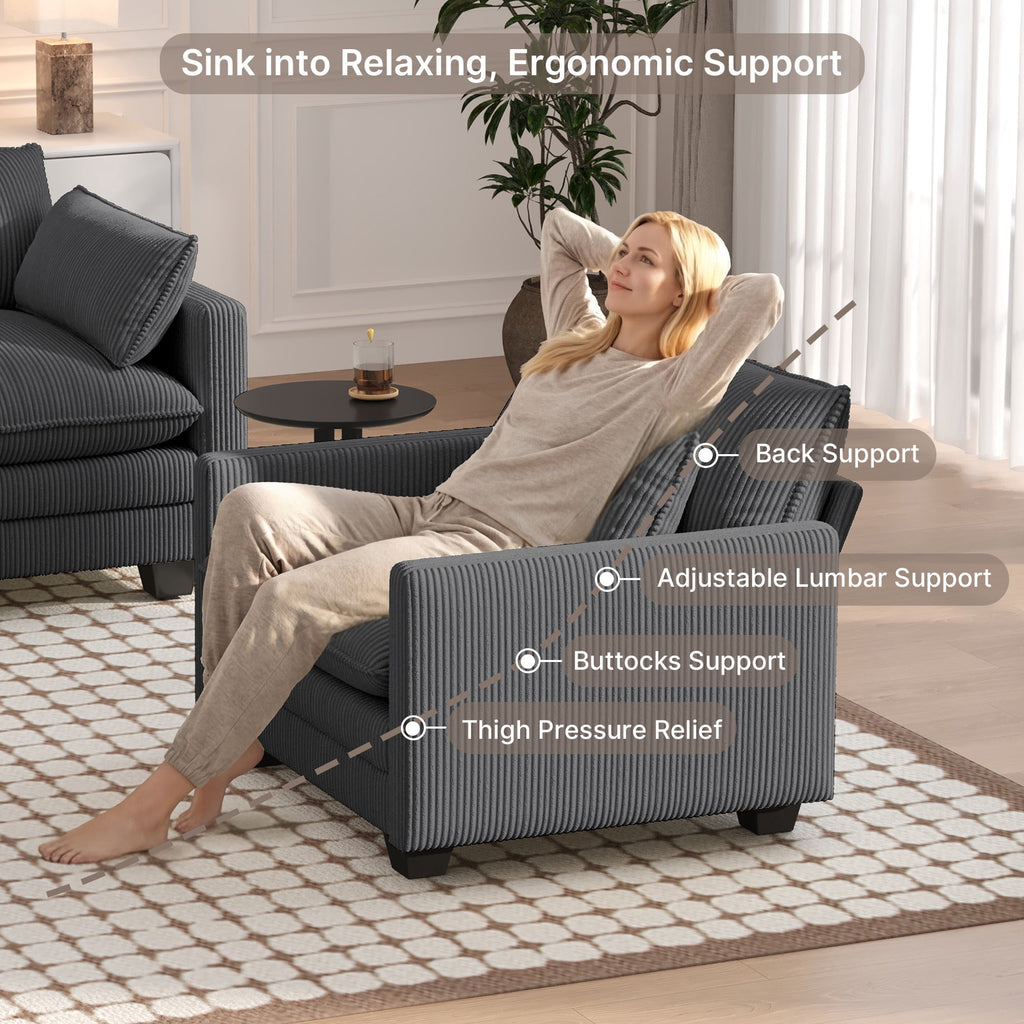 Asofer 31 Cloud Accent Sofa With Washable Cover, Single Corduroy Chair with Deep Seat Upholstered Cushion for Apartment,Dark gray