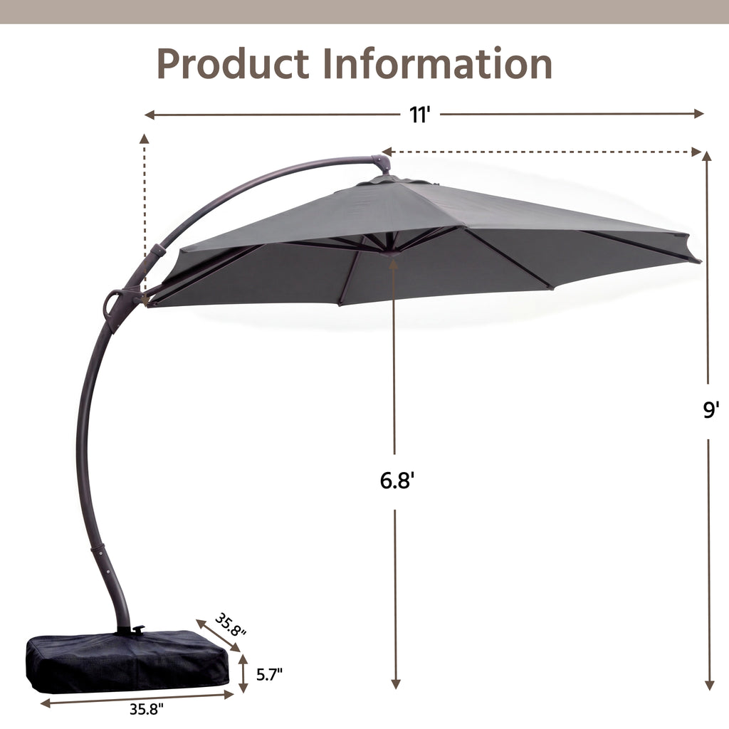 LAUSAINT HOME 11 FT Outdoor Patio Umbrella with Base, Aluminum Cantilever Umbrella with Crank, Gray