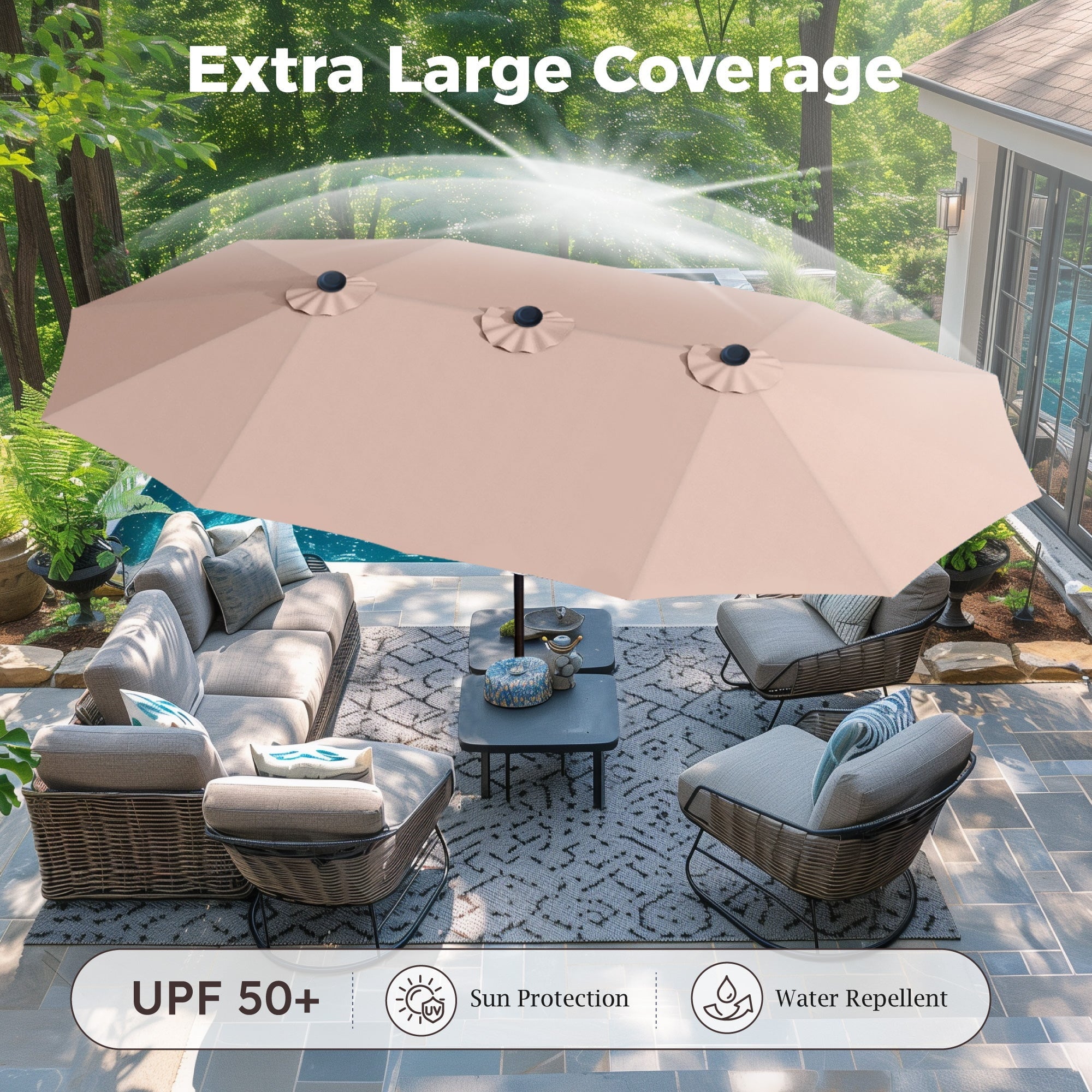 Alpha Joy 15ft Outdoor Patio Umbrella Extra-Large Double-Sided Garden Umbrella with Crank Handle and Base - Ivory
