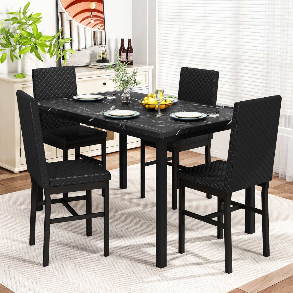Cvortll 5 Piece Dining Table Set, Kitchen Table and Chairs Set for 4 with Faux Marble and 4 Velvet Upholstered Dining Chairs for Home, Restaurant, Black & Black