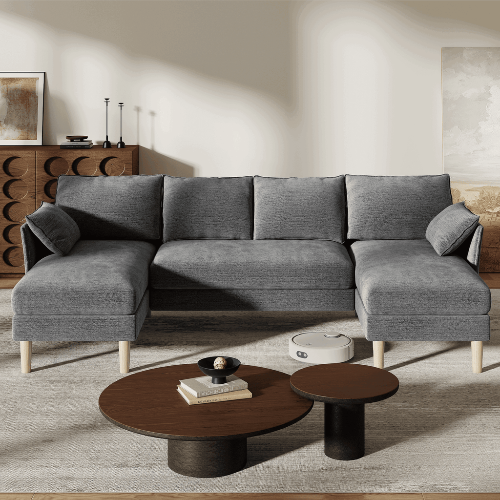 BedLuxury 100 U-Shape Sectional Sofa with Chaise, Chenille Modern Couch with High Legs for Living Room, Apartment, Beige