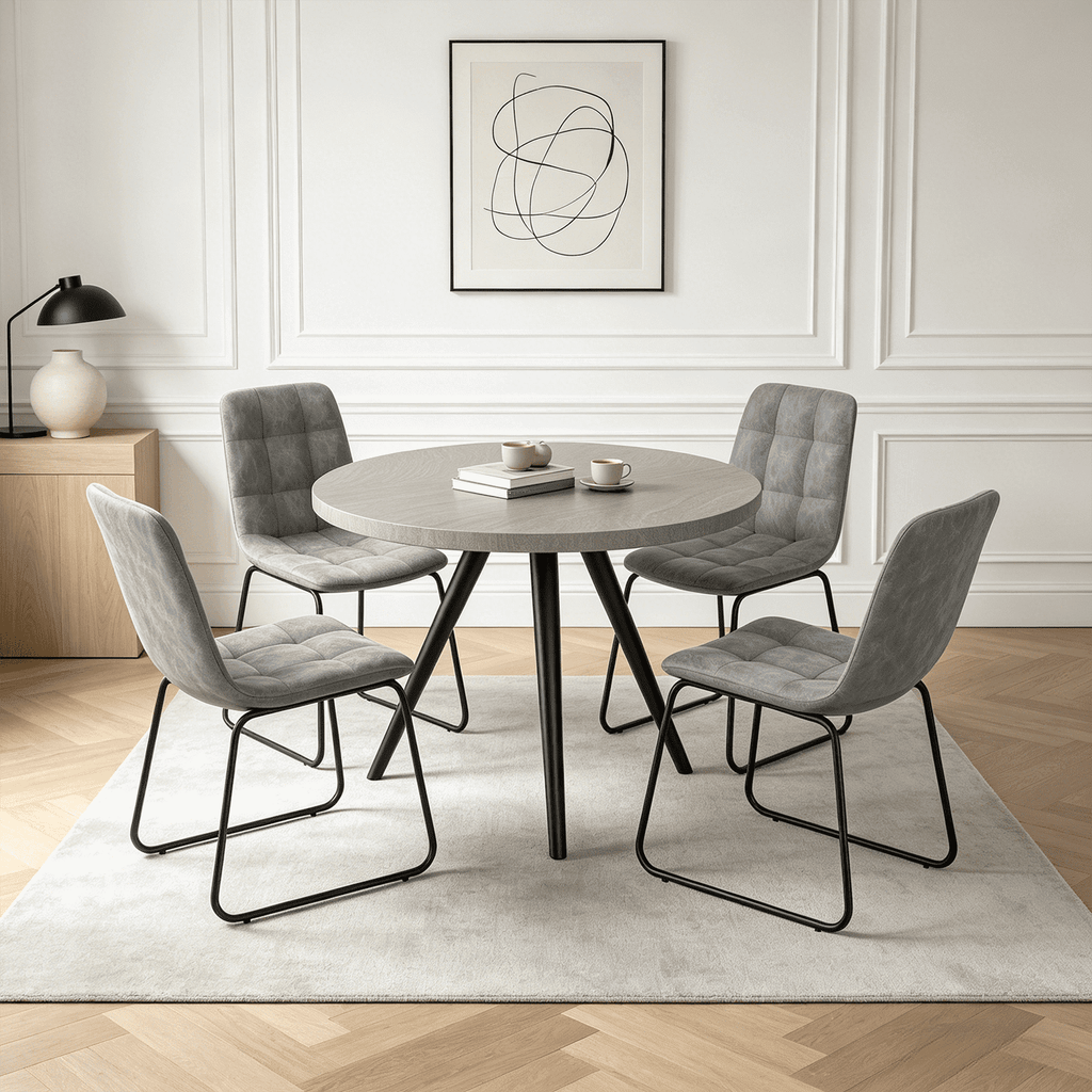 34.8 Round Dining Table Set for 4,5 Piece Mid-Century Modern Dining Set with 4 Upholstered Dining Chairs,Leisure Coffee Table for Kitchen Dining Room, Save Space