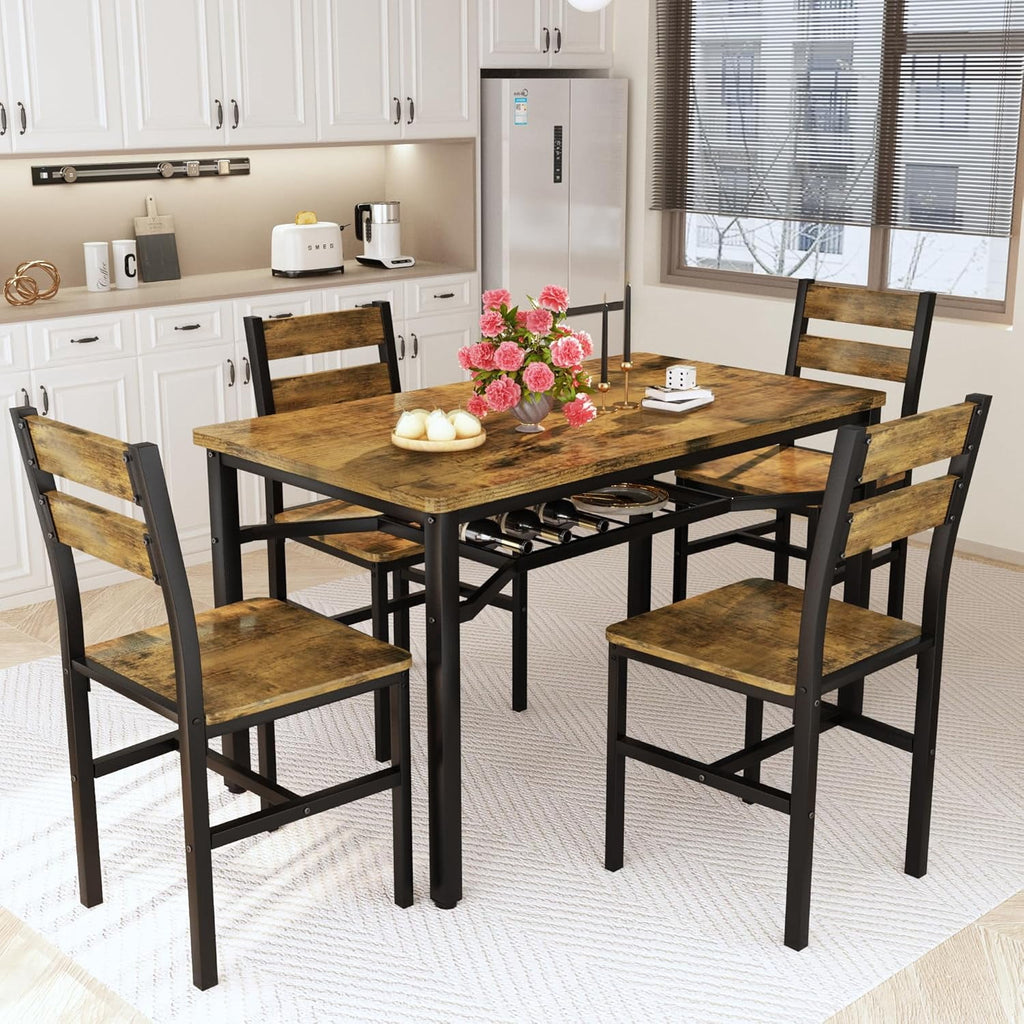 LinkRomat Dining Table Set for 4, Farmhouse Kitchen Table with 4 Wood Chairs, Dining Room Set for Breakfast Nook, Small Places, Restaurant, Gray