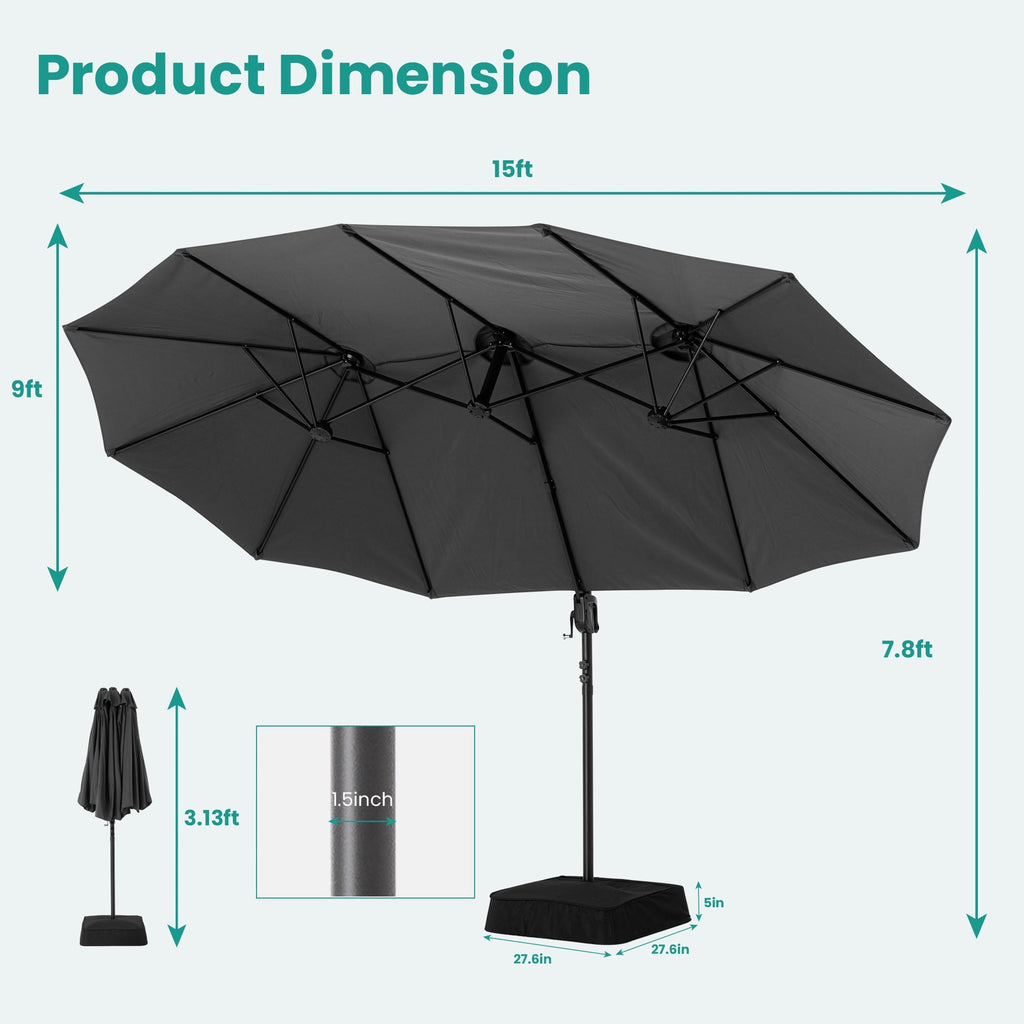 FOROUTIA 15ft Double-Sided Patio Umbrella, Large Rectangular Outdoor Market Umbrella with Crank, UV50+ Waterproof Twin Umbrella for Backyard, Poolside, Deck,Off-White