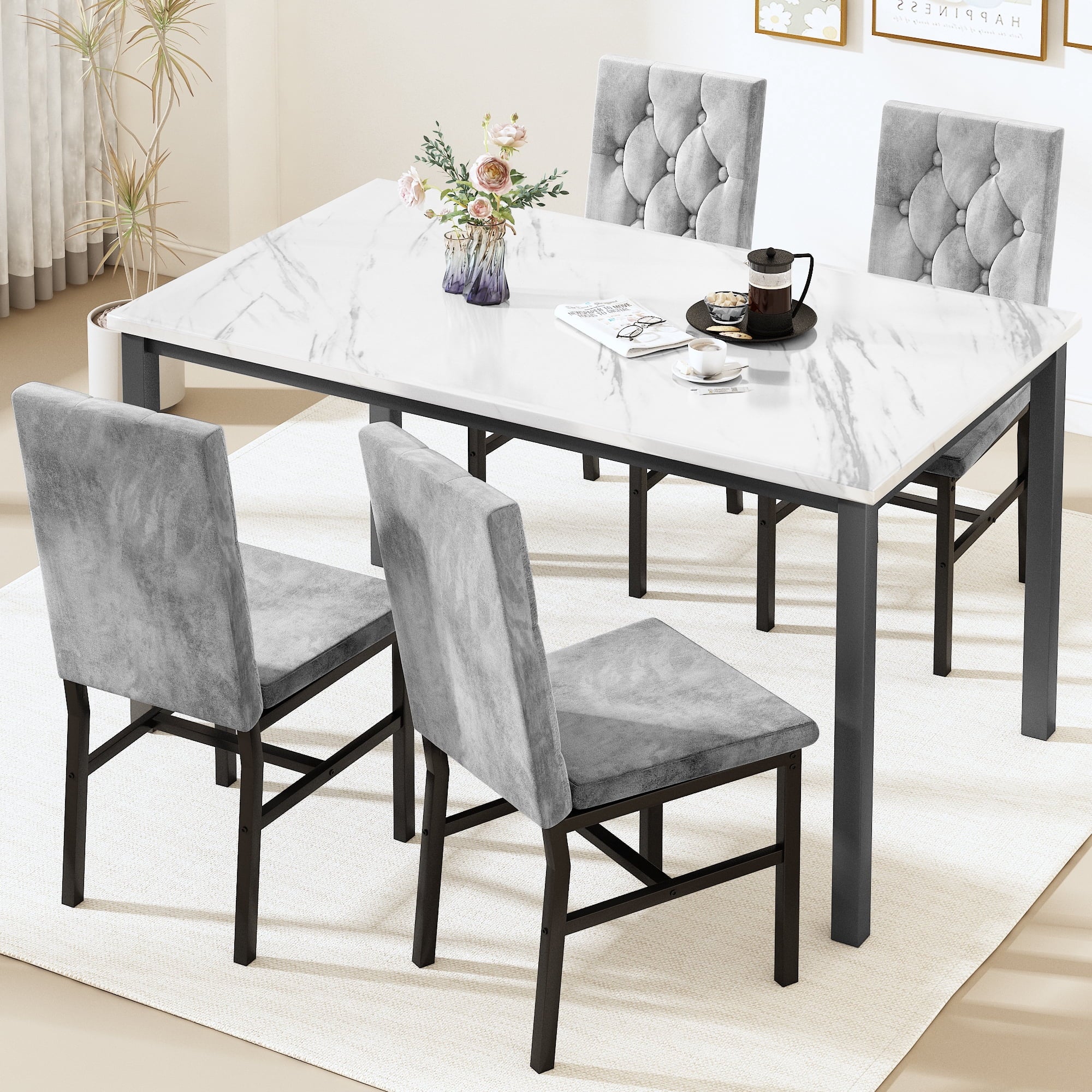 AWQM 5 Piece Dining Table Set, Faux Marble Kitchen Table and Chairs for 4, Dining Room Table Set with 4 PU Leather Chairs, White
