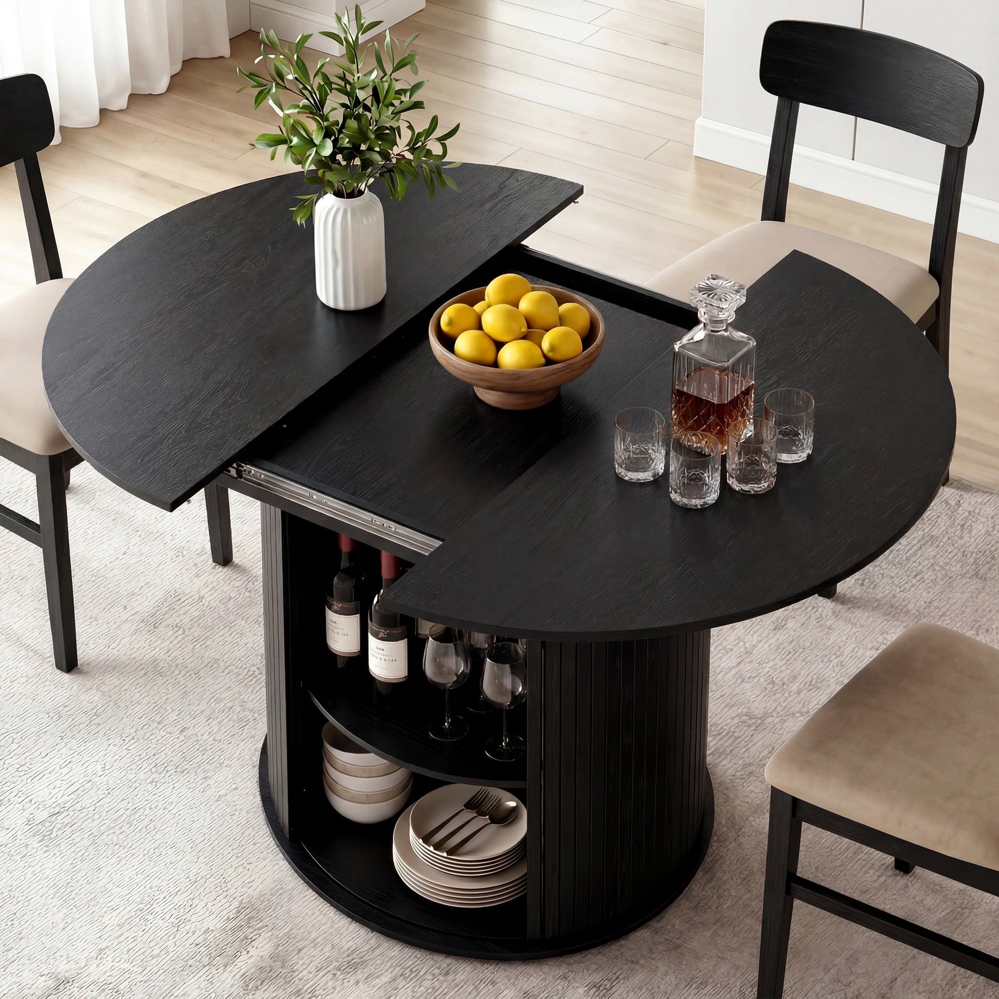 EOP 47″- 63″ Extendable Round Dining Table for 4-6, Wooden Kitchen Table with Hidden Storage and Fluted Sliding Door Cabinet, Modern Space-Saving Table for Dining Room Kitchen, Walnut