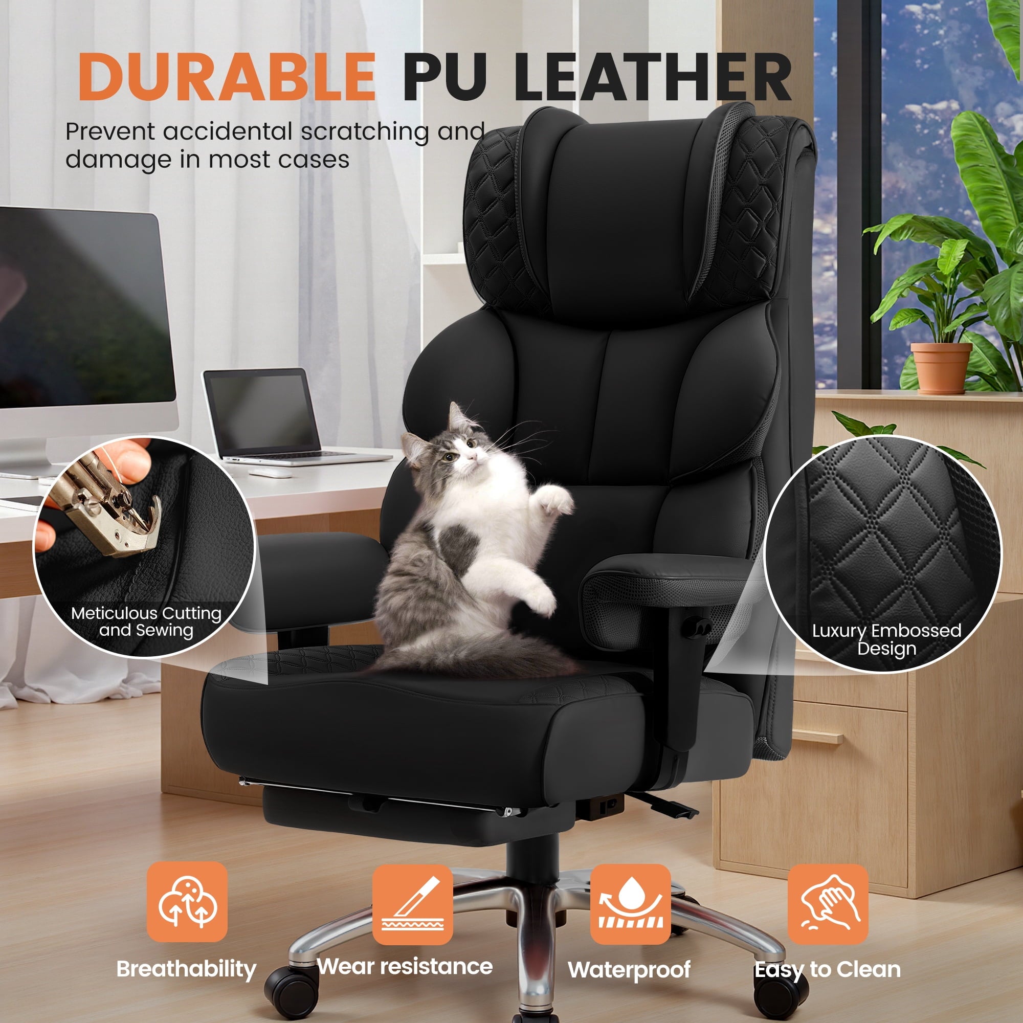 COOLHUT Big and Tall Office Chair 400LBS, Adjustable Headrest Ergonomic Computer Desk Chair, Executive Leather Chair with Adjustable Armrest, High Back Office Chair Havy Duty Design, Black