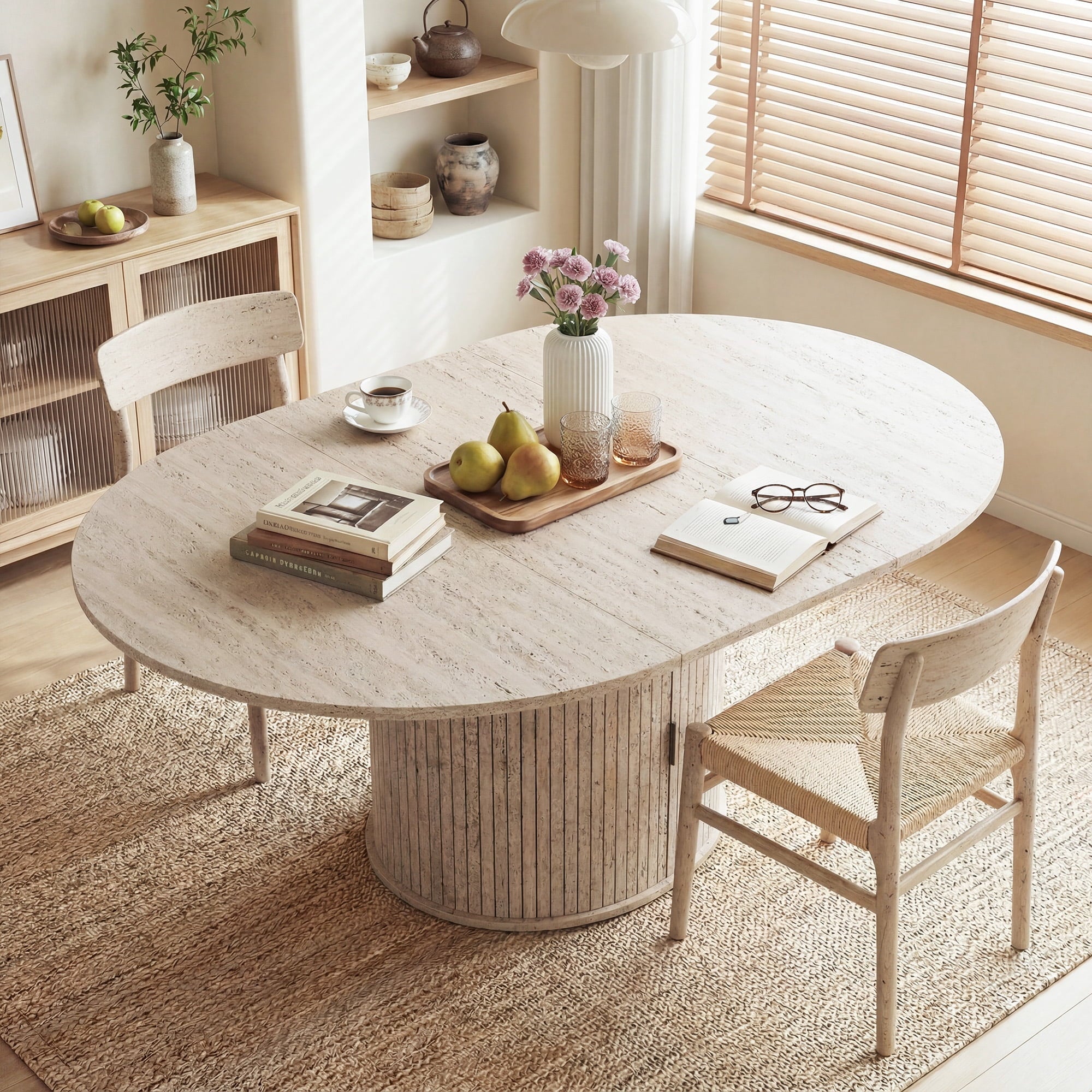 EOP 47″- 63″ Extendable Round Dining Table for 4-6, Wooden Kitchen Table with Hidden Storage and Fluted Sliding Door Cabinet, Modern Space-Saving Table for Dining Room Kitchen, Walnut