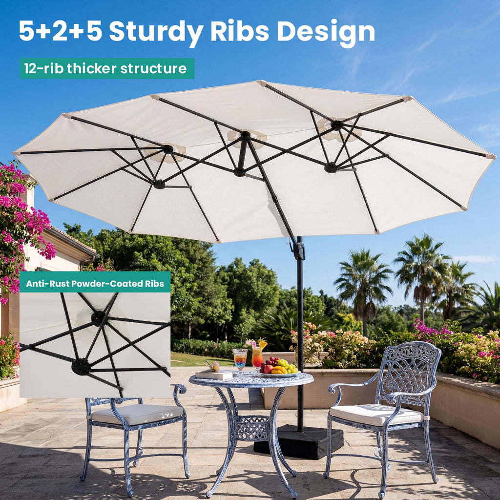 FOROUTIA 15ft Double-Sided Patio Umbrella, Large Rectangular Outdoor Market Umbrella with Crank, UV50+ Waterproof Twin Umbrella for Backyard, Poolside, Deck,Off-White