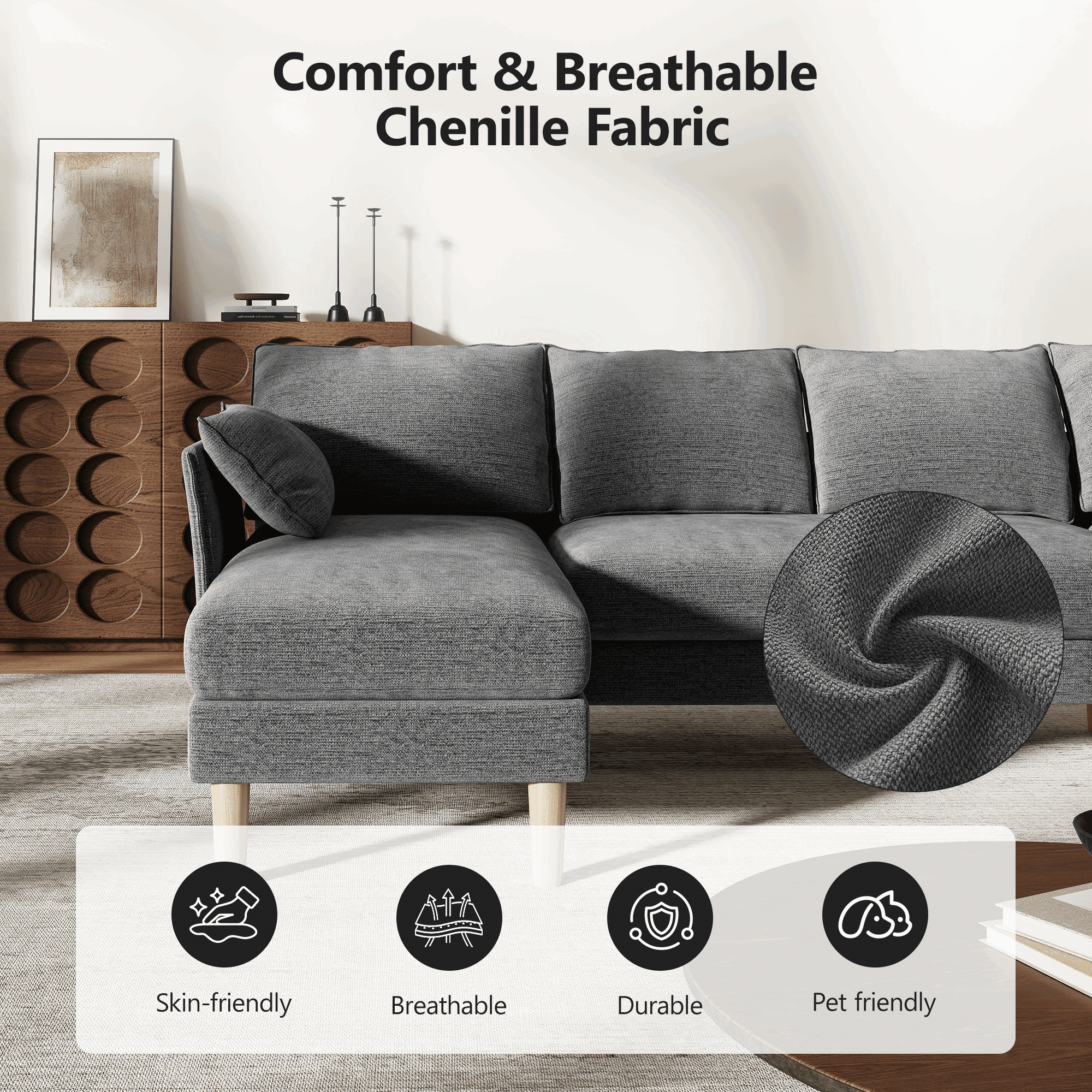 BedLuxury 100 U-Shape Sectional Sofa with Chaise, Chenille Modern Couch with High Legs for Living Room, Apartment, Beige