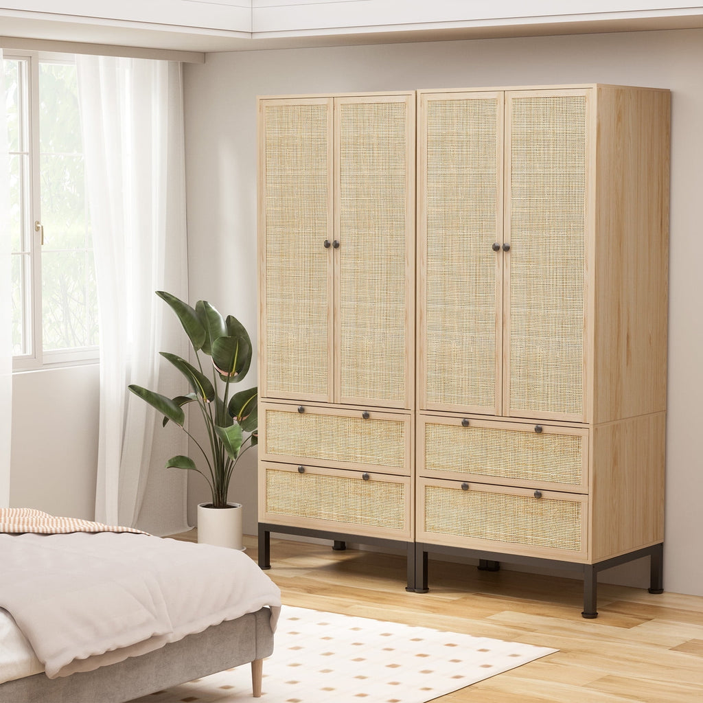 Brafabhome 67H Fluted Armoire Wardrobe Closet with Drawer, Wooden 2 Doors Wardrobe Cabinet with Hanging Rod & Adjustable Shelf for Bedroom | Whitewash
