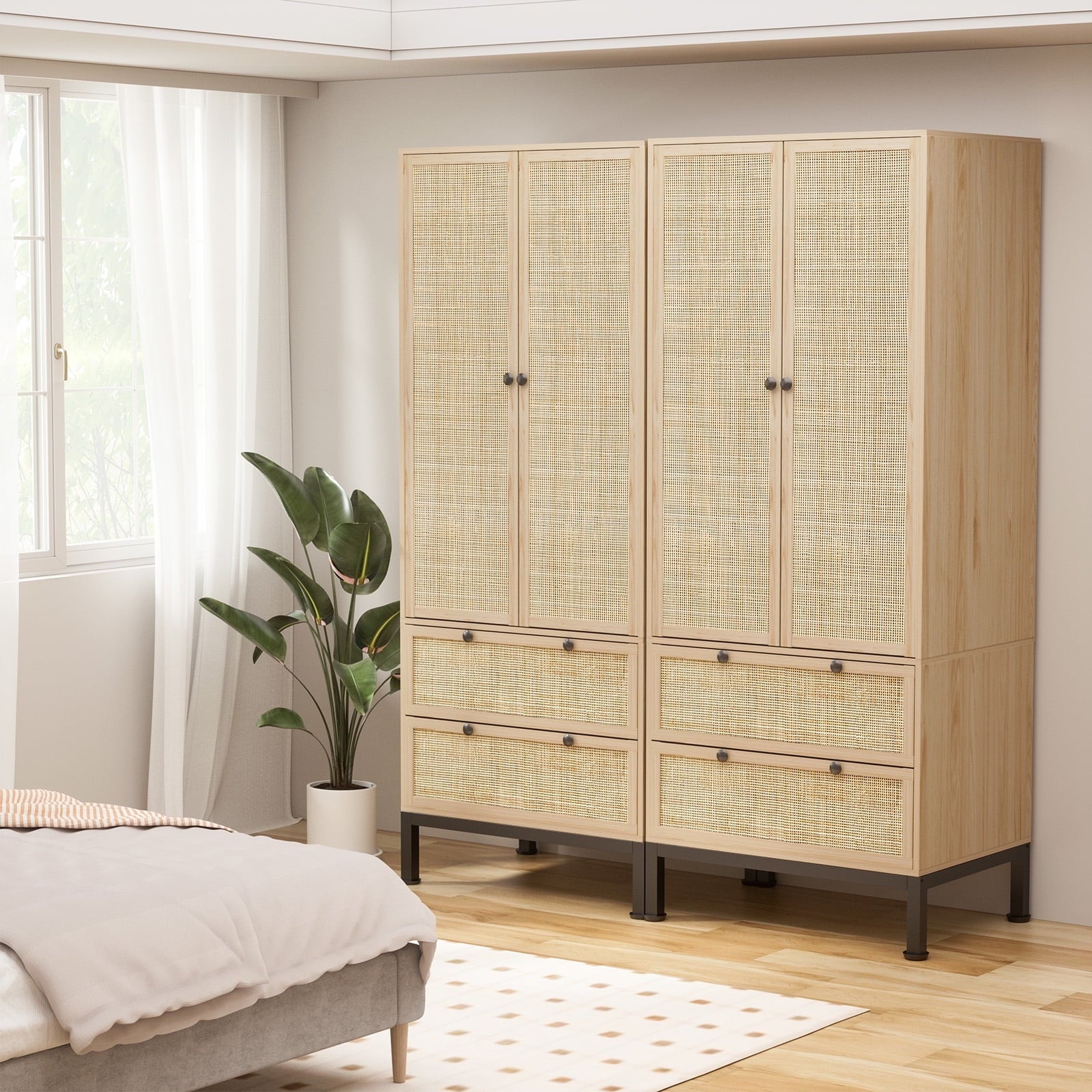 Brafabhome 67H Fluted Armoire Wardrobe Closet with Drawer, Wooden 2 Doors Wardrobe Cabinet with Hanging Rod & Adjustable Shelf for Bedroom | Nature