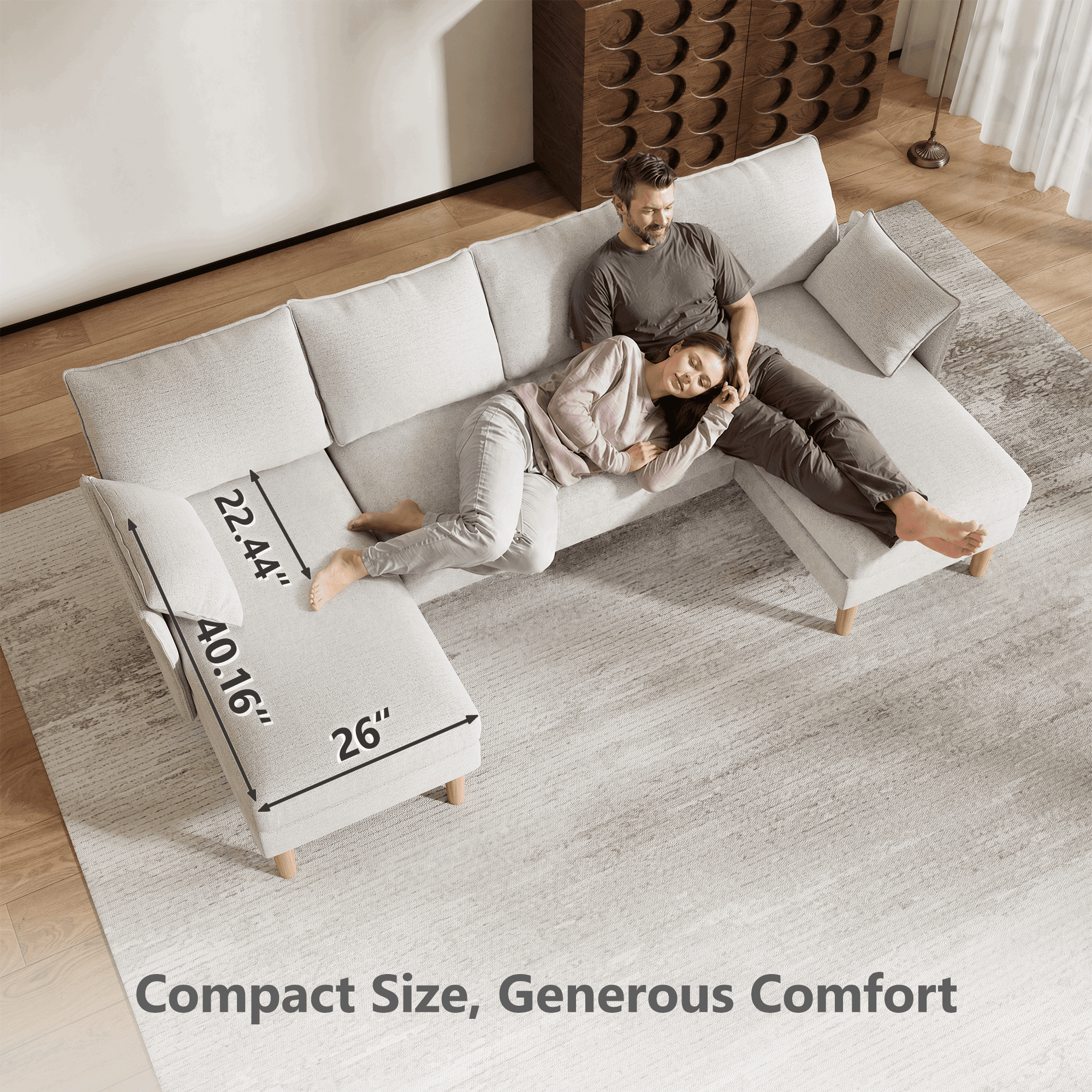 BedLuxury 100 U-Shape Sectional Sofa with Chaise, Chenille Modern Couch with High Legs for Living Room, Apartment, Beige