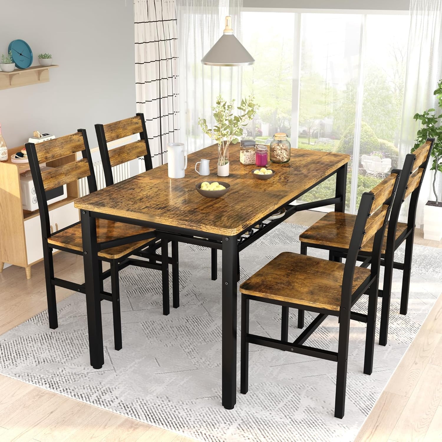 Baxluxe 4-person dining table set, farmhouse-style wooden kitchen dining table and chair set, farmhouse 5-piece dining table set with storage rack, small kitchen dining table set,Black